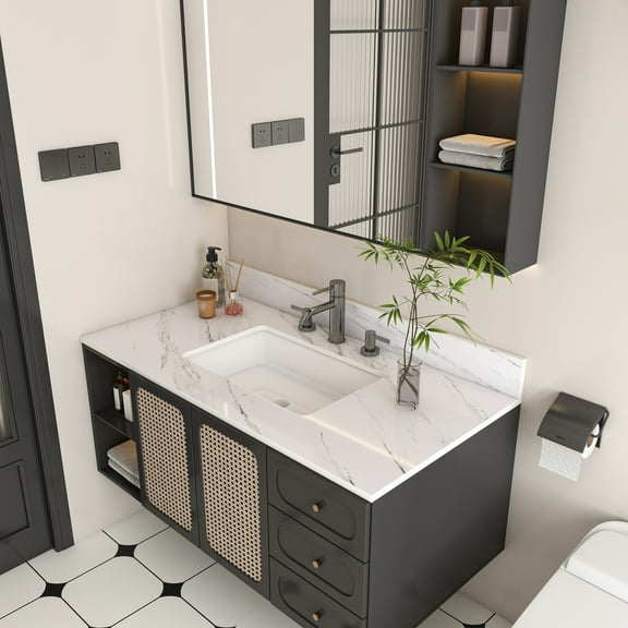 43 Inch Marble Vanity Top, White Vanity Top with 3 Pre-drilled Faucet Holes, Bathroom Vanity Top with Undermount Rectangular Middle Sink and 4" Height Backsplash, The Cabinet are not Included