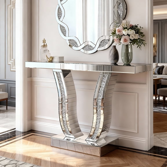 43 Inch Mirrored Console Table, Modern Silver Entryway Sofa Table with Curved Stone-Inlaid Legs, Silver Glam Entryway Table for Living Room, Modern Luxury Accent Table, Hallway Foyer Table