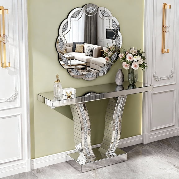 43 Inch Mirrored Console Table, Modern Silver Entryway Sofa Table with Curved Stone-Inlaid Legs, Silver Glam Entryway Table for Living Room, Modern Luxury Accent Table, Hallway Foyer Table No.3149
