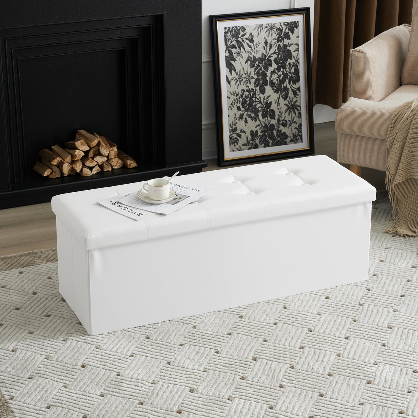 43Inch Modern Pull Point PVC Folding Storage Footstool, Soft Padded Ottoman, Comfy Footrest