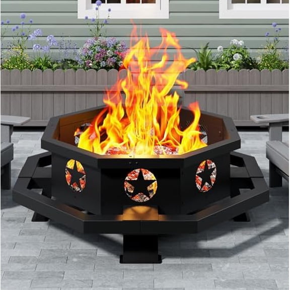 43 Inch Octagonal Fire Pit for Outside, Outdoor Wood Burning Firepit for Bonfire Patio Backyard Camping, Black$$Garden & Patio
