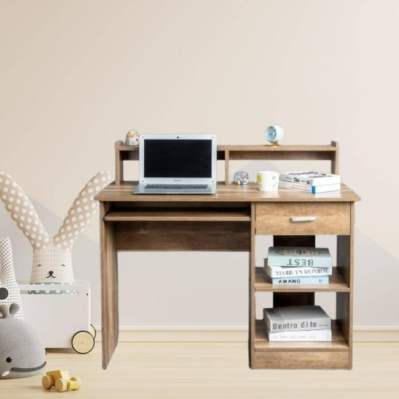 43 Inch Office Small Computer Desk Modern Simple Style Writing Study Work Table with 1 Drawer and 2 Layer for Home Bedroom Particleboard 110 * 50 * 95cm, Brown