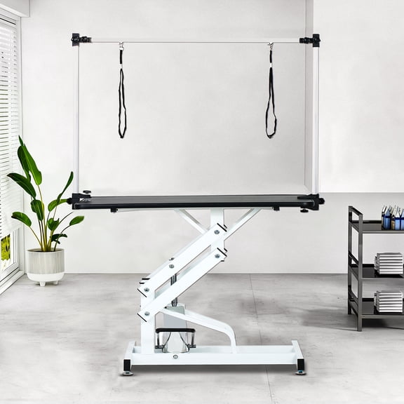 43 Inch Professional Hydraulic Pet Grooming Table, Z-Lift Heavy Duty Dog Drying Table with Adjustable H-Frame Arm and Dual Nooses, Non-Slip Rubber Surface, Max Capacity 330 lbs, Black & White