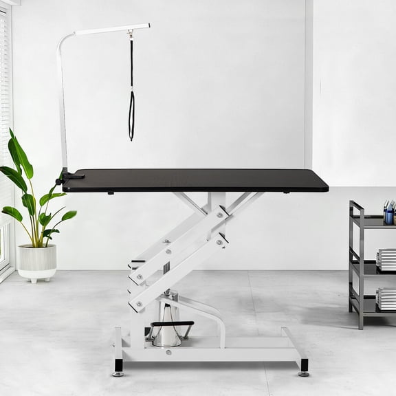 43 Inch Professional Hydraulic Pet Grooming Table, Z-Lift Heavy Duty Dog Drying Table with Adjustable L-Frame Arm and Nooses, Non-Slip Rubber Surface, Max Capacity 330 lbs, Black & White