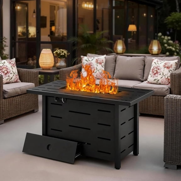 43 Inch Propane Fire Pit Table for Patio & Backyard, 50,000 BTU Steel Gas Fire Pit with Lid & Lava Rocks, Outdoor Table Heater for Deck, Garden, Smokeless Flame
