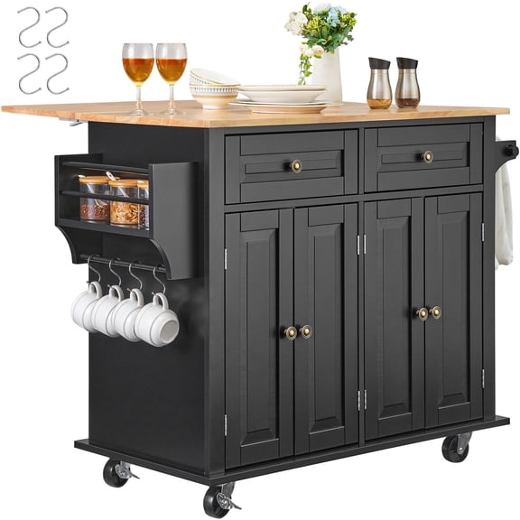 43 Inch Rolling Kitchen Cart with Drop Leaf Storage Cabinet Spice Rack and Adjustable Shelf Mobile Island on Wheels with Drawer and Towel Bar Black