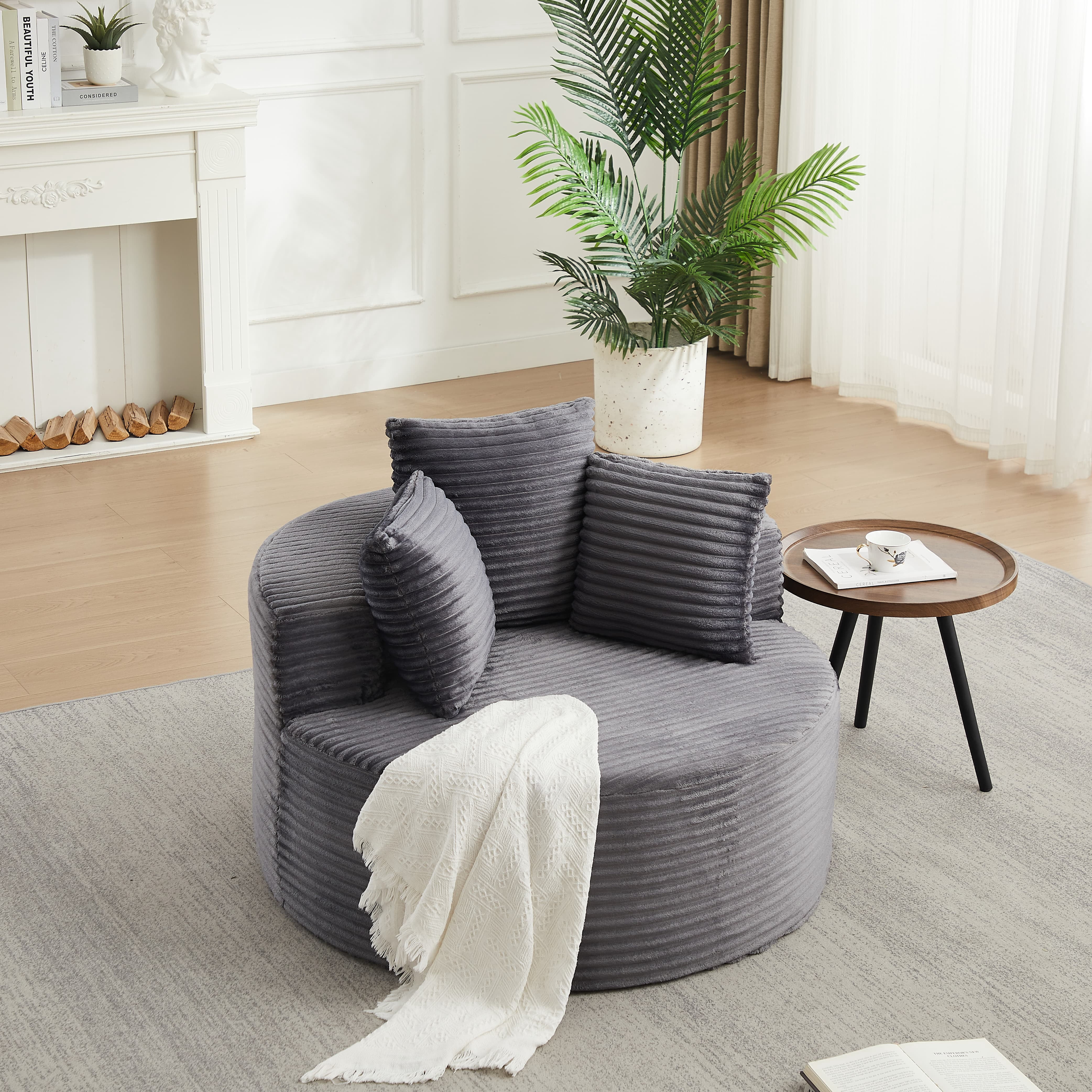 43 Inch Round Corduroy Single Sofa Lounge Chair with 3 Pillows, Spring Coil Filled Compressed Shipment Minimalist Accent Chair for Bedroom Living Room Game Room Lounge