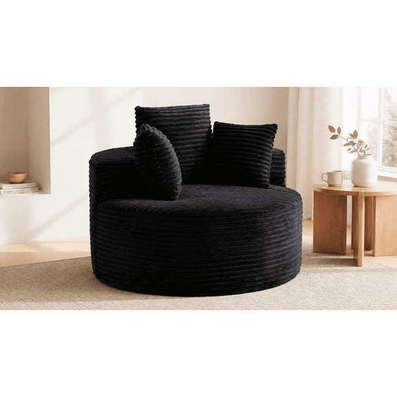 43-Inch Round Corduroy Single Sofa Lounge Chair, Black Modern Accent Chair with 3 Pillows