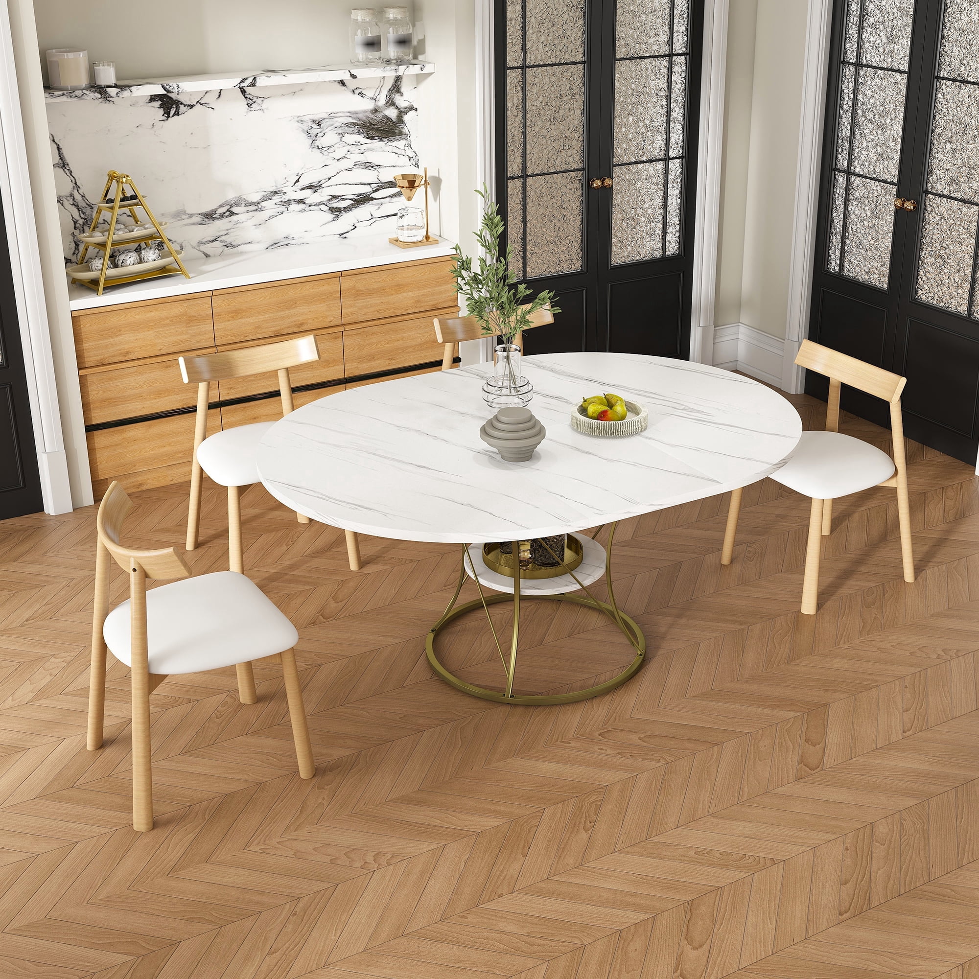 43 Inch Round Extendable Dining Table Set for 4-6 with 4 Solid Wood ...