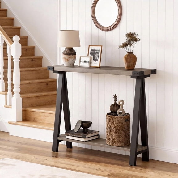43-Inch Rustic Entry Table with Two-Level Storage, Narrow Metal and Wood Console for Living Room Hallway Spaces