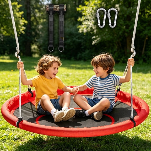 43 Inch Saucer Swing, 600lbs Heavy-Duty Tree Swing for Kids Outdoor, Adjustable Hanging Straps Round Swing, 360° Rotatable Rope Swing Disc Swing for Indoor Backyard Play