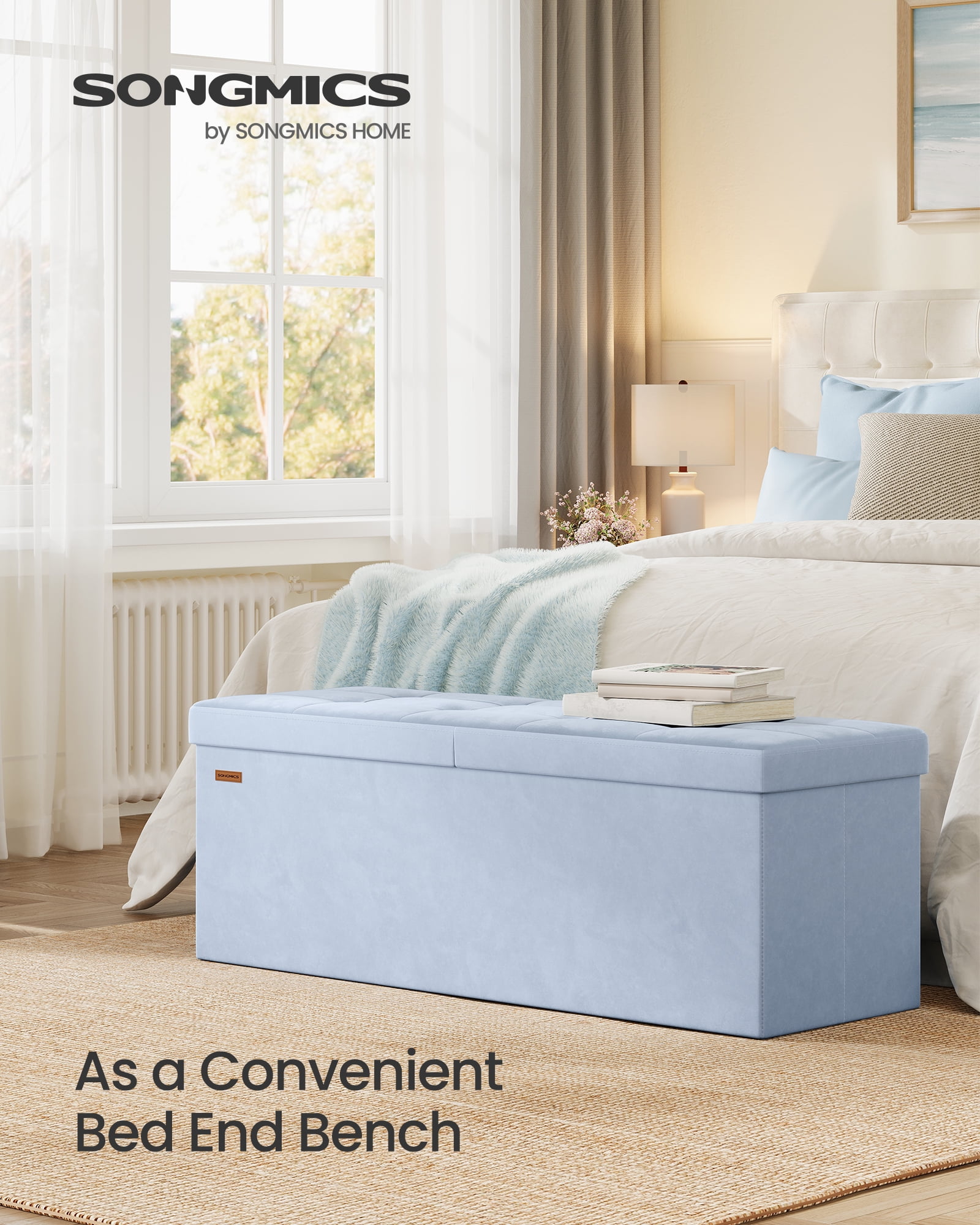 43 Inch Storage Ottoman, Foldable Velvet Bench with Flipping Lid & 660 lb Capacity, 35 Gal Storage for Living Room Bedroom, Pale Blue