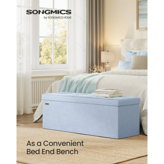 43 Inch Storage Ottoman, Foldable Velvet Bench with Flipping Lid & 660 lb Capacity, 35 Gal Storage for Living Room Bedroom, Pale Blue