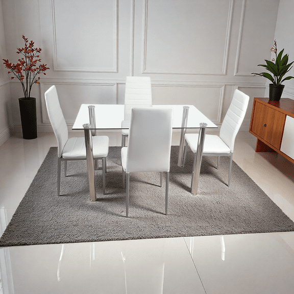 43 Inch Tempered Glass Dining Table Set, 5-Piece Clear Table with 4 Cream Chairs, Modern Small Space Dining Set