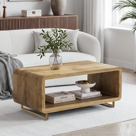 43 Inch Walnut Curved Wood Coffee Table, 2‑Tier Open Storage Shelf