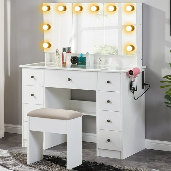 BOUQUETYZ White Makeup Vanity Desk with LED Lights & Glass Top - 9 Drawers, Tri-Fold Mirror, Charging Station, Hidden Storage, Stool Included - 3 Color Lighting Modes for Bedroom
