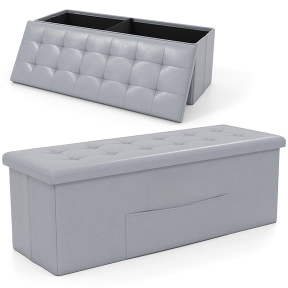 43 Inches Folding Storage Ottoman Bench, Foldable Foot Rest Stool End of Bed Bench with Side Pocket, Storage Chest for Living Room, Entryway & Bedroom (Gray)