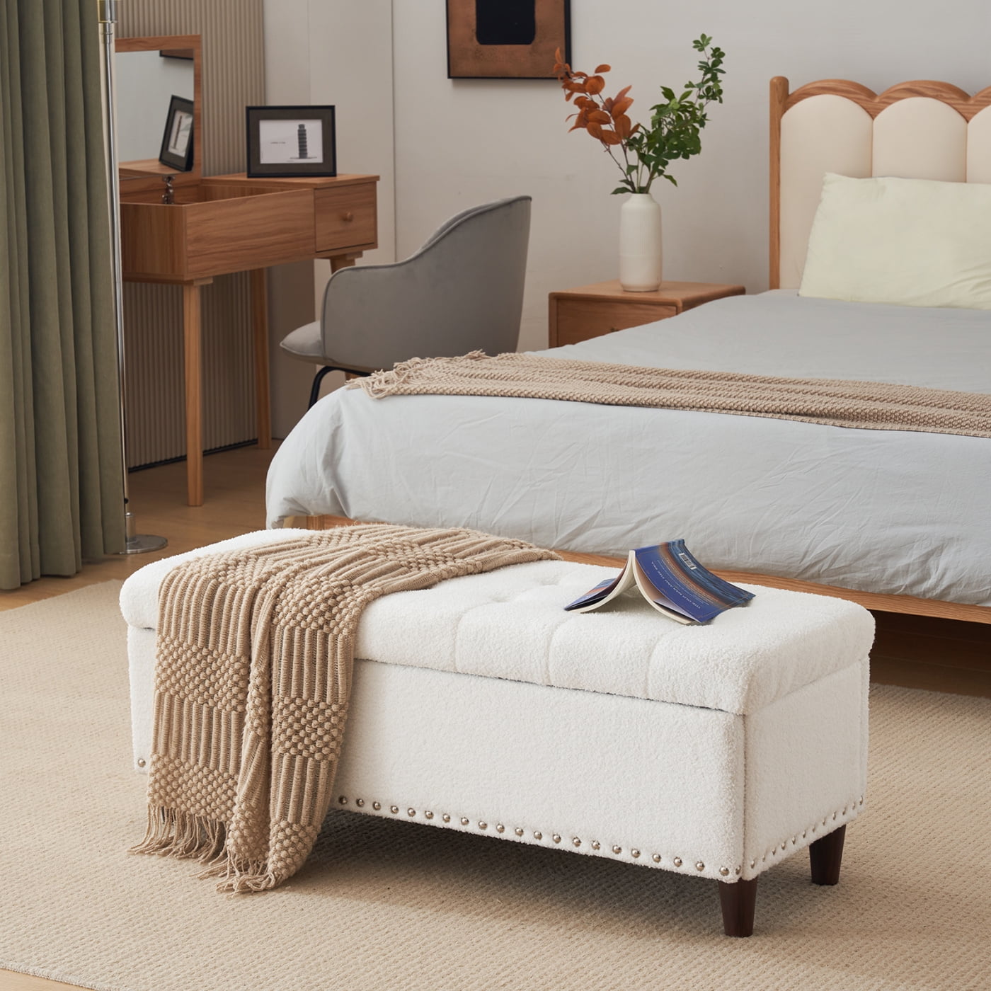 43 Inches Footstool with Hidden Storage, Ottoman Bench with Wooden Legs