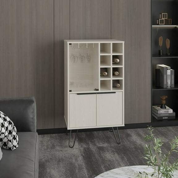 43 Inches Tall Narrow Bar Cabinet With Double Doors - Ample Storage Space For Liquor, Utensils, Jars, And More Modern White Washed Design Particle Board Wine Glass Options Style