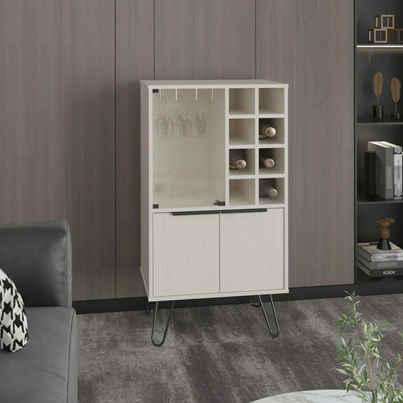 43 Inches Tall Narrow Bar Cabinet With 8 And Stemware Rack 43.52 In. High Wine Shelf - White Washed, Ideal For Lovers