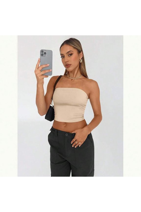 43 Khaki Strapless Tube Crop Top – Fitted Sleeveless Camisole With Smooth Bandless Neckline For Layering Or Solo Wear