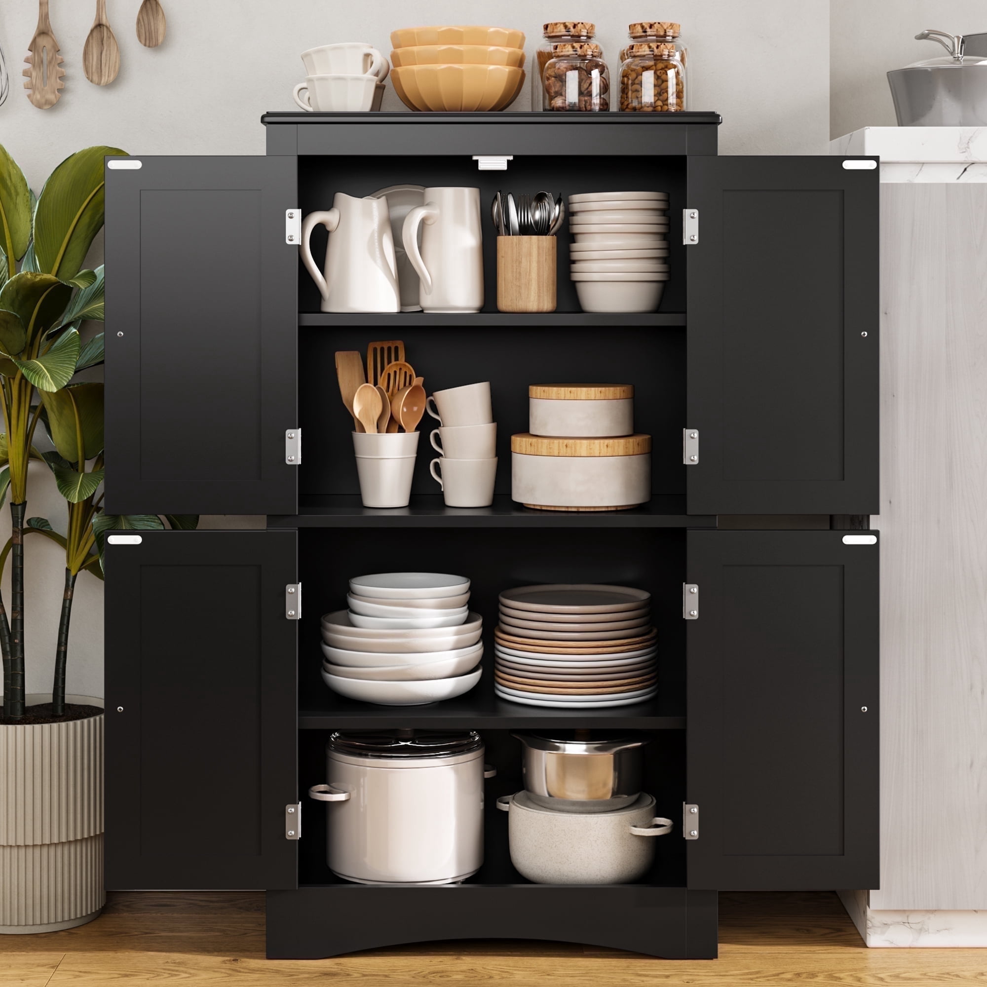 43" Kitchen Pantry Cabinet, Asofer Bathroom Storage Cabinet with Adjustable Shelves and 4 Magnetic Doors, Floor Cabinet for Kitchen, Living Room,Black