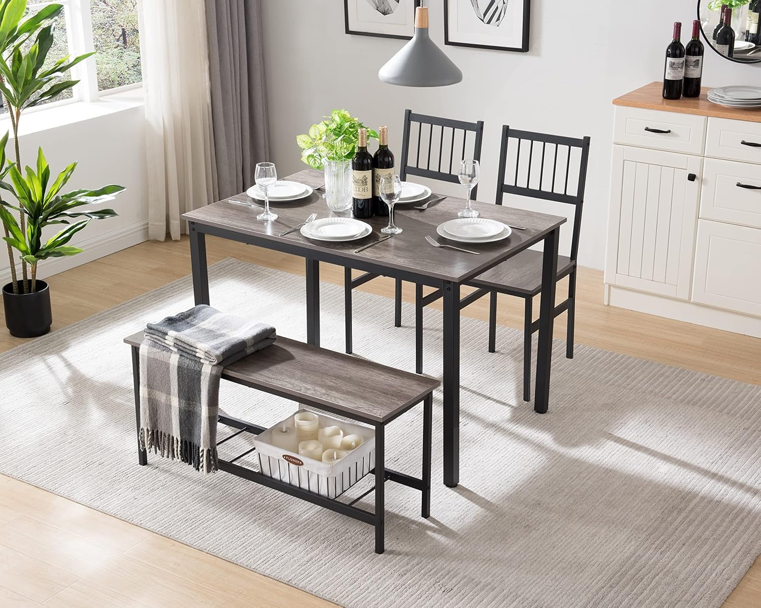 43'' Kitchen Table with 2 Chairs and 1 Bench with Storage Rack Dining