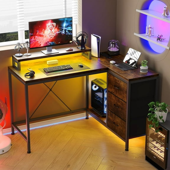43" L-Shaped Computer Desk with 4 Power Outlets and 7-Color Led Lights, 3-Drawer Gaming Desk