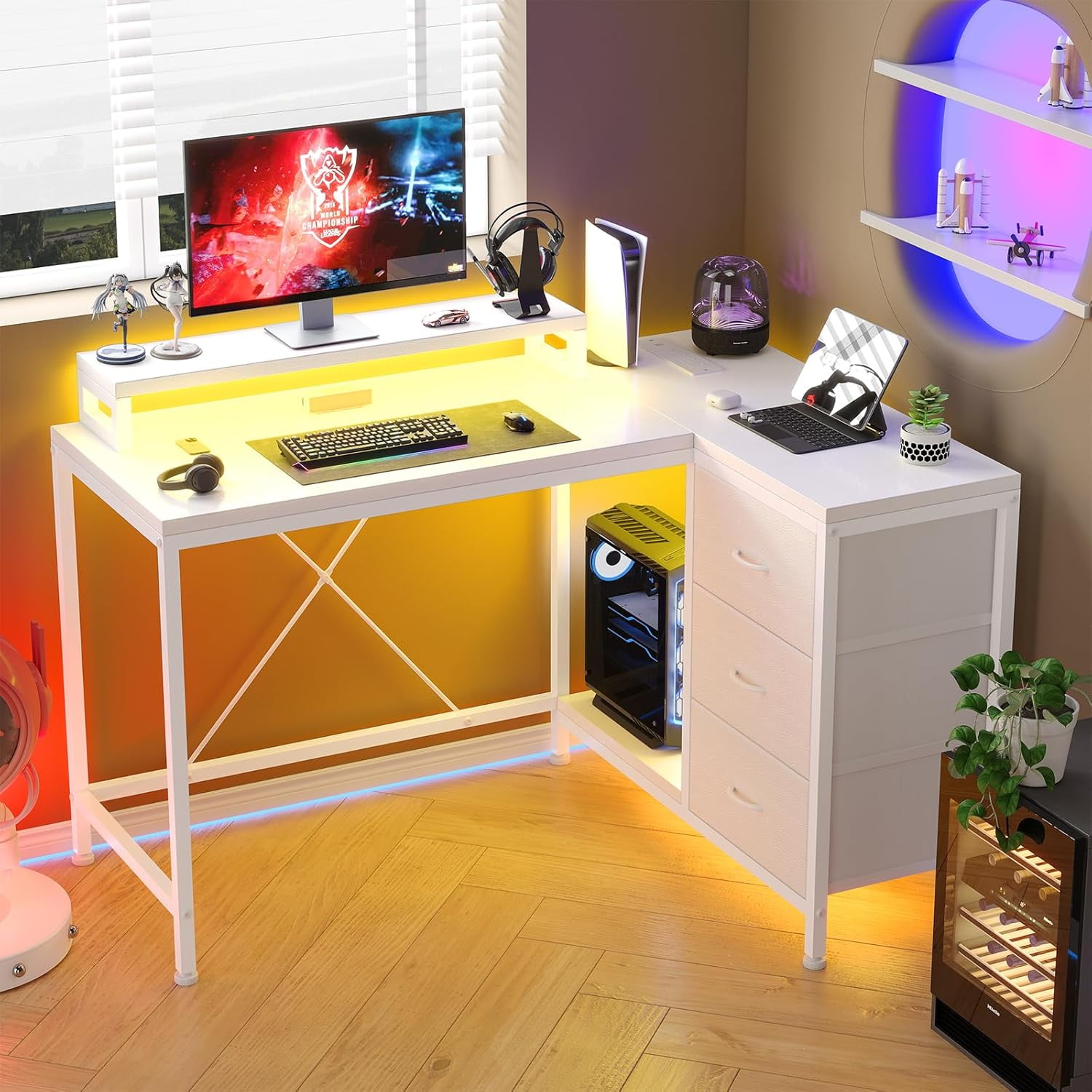 43" L-Shaped Computer Desk with 4 Power Outlets and 7-Color Led Lights, 3-Drawer Gaming Desk