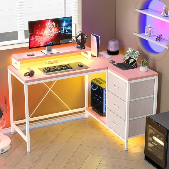 43" L-Shaped Computer Desk with 4 Power Outlets and 7-Color Led Lights, 3-Drawer Gaming Desk