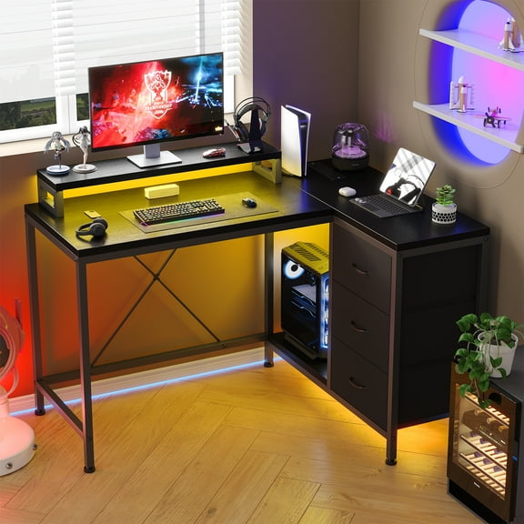 43" L-Shaped Desk with Power Outlets & LED Lights, Computer Desk with Drawers & Shelves, Corner Desk Gaming Desk Home Office Desk