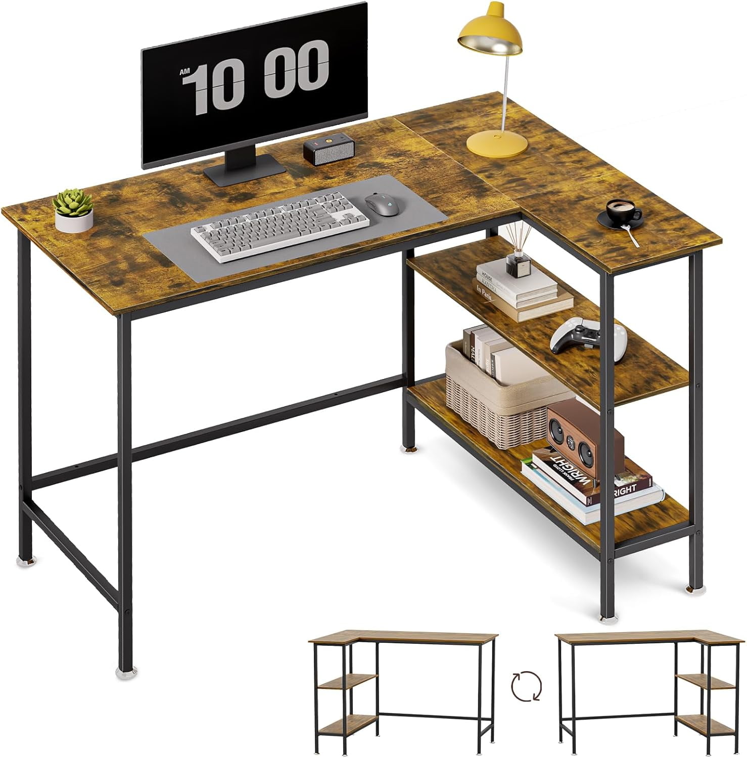 43" L Shaped Office Desk with Reversible Storage Shelves Can be Used as ...