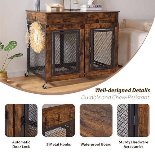 Snapshot of 43 Large Dog Crate Furniture Wood Dog Kennel End Table With Drawers