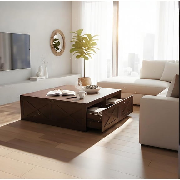 43" Large Farmhouse Coffee Table with 4 Storage Drawers, Rustic Square Coffee Table for Living Room & Sectional Sofa, Modern Floating Base Design