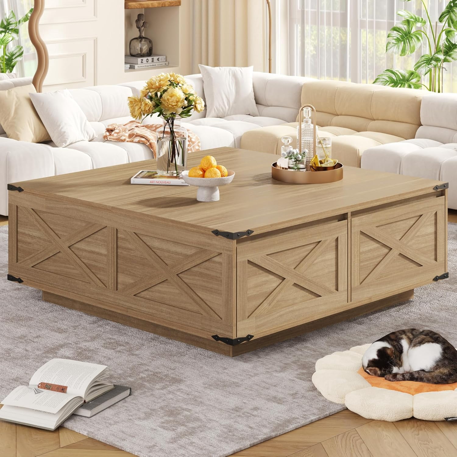 47" Farmhouse Square Coffee Table with 4 Storage Drawers, Large Rustic Center Table for Living Room & Sectional Sofa, Modern Floating Base Design