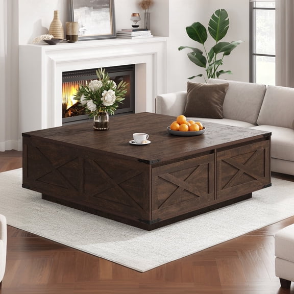 47" Farmhouse Square Coffee Table with 4 Storage Drawers, Large Rustic Center Table for Living Room & Sectional Sofa, Modern Floating Base Design