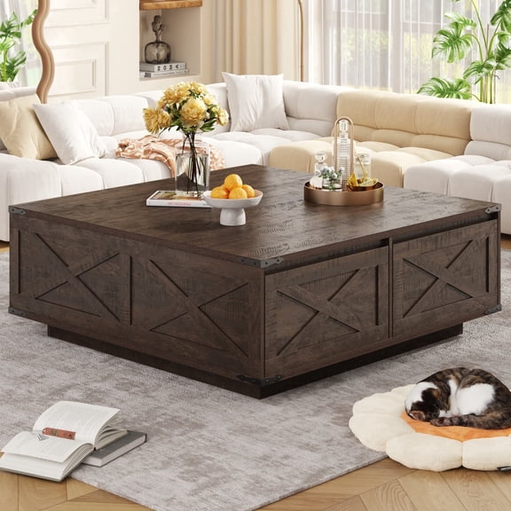 47" Farmhouse Square Coffee Table with 4 Storage Drawers, Large Rustic Center Table for Living Room & Sectional Sofa, Modern Floating Base Design