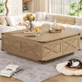 thumbnail image 1 of 47" Farmhouse Square Coffee Table with 4 Storage Drawers, Large Rustic Center Table for Living Room & Sectional Sofa, Modern Floating Base Design, 1 of 9