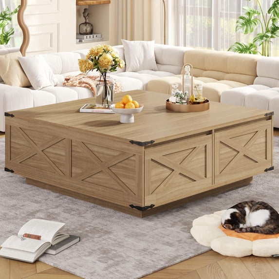 47" Farmhouse Square Coffee Table with 4 Storage Drawers, Large Rustic Center Table for Living Room & Sectional Sofa, Modern Floating Base Design