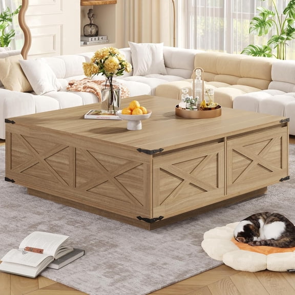 47" Farmhouse Square Coffee Table with 4 Storage Drawers, Large Rustic Center Table for Living Room & Sectional Sofa, Modern Floating Base Design
