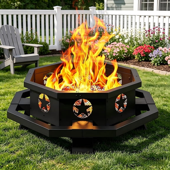 43" Large Outdoor Fire Pit, Heavy Duty Wood Burning Octagonal Firepit for Camping, Backyard, Patio