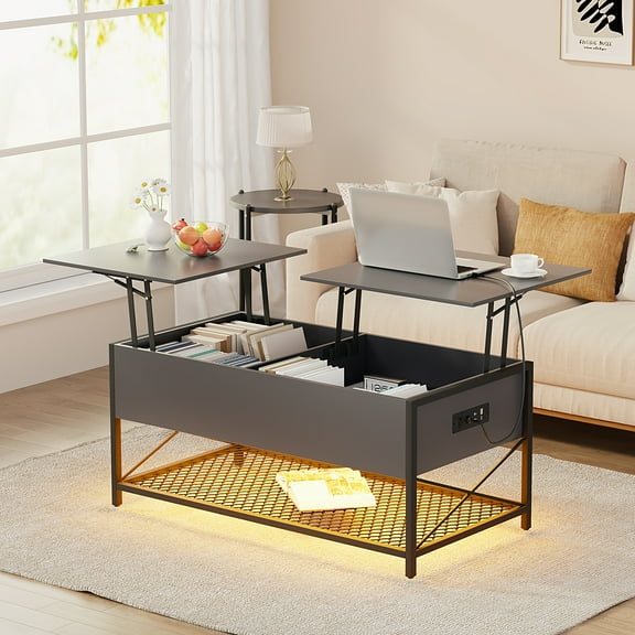 43" Lift Top Coffee Table with Power Outlets,3-Color Dimmable LED Rising Dining Table with 2 Hidden Storage Shlef,Wooden Retro Central Table with USB-C,Auto Sensor Light,Adjustable Feet