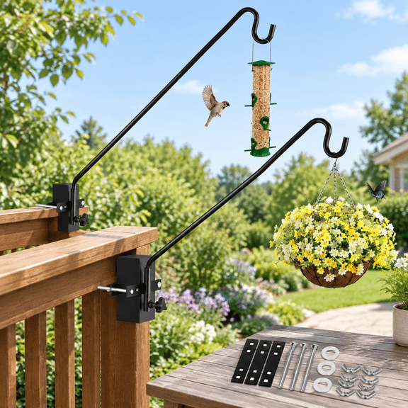 43" Long -2 Packs Fence Deck Hook, Adjustable Heavy Duty Steel Hanger for Feeders, Planters, Lanterns