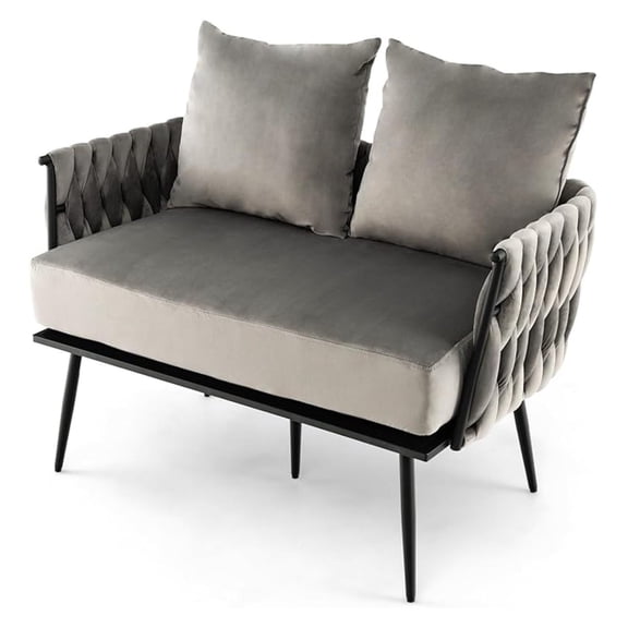 43 Loveseat Sofa, Modern Upholstered 2-Seat Sofa with 2 Back Pillows, Woven Backrest & Armrest, Century Modern Dutch Sofa for Living Room Bedroom Apartment (Gray)