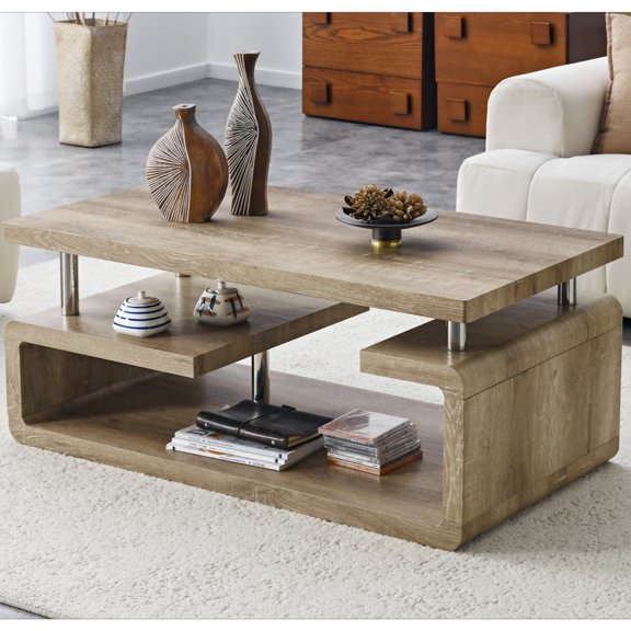 43" MDF Coffee Table, Multi-Storage Open Compartments Coffee Table for Living Room, Office, Oak Wood