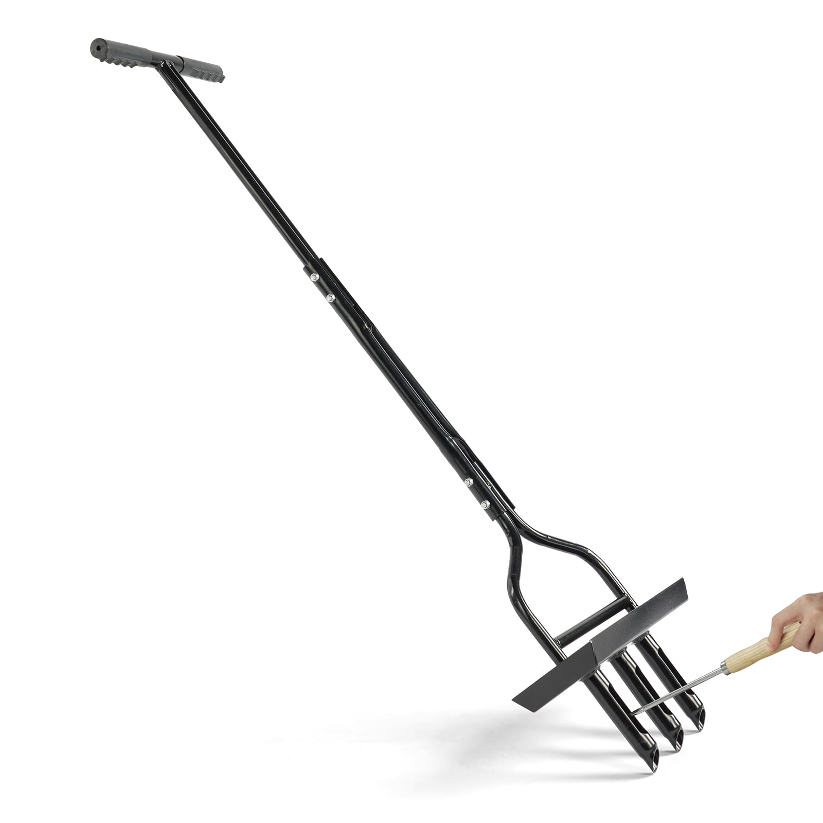 43" Manual Lawn Aerator with Soil Core Tray & Cleaning Tool - Heavy-Duty Steel 3-Tine Coring Tool for Garden & Yard Care - Black