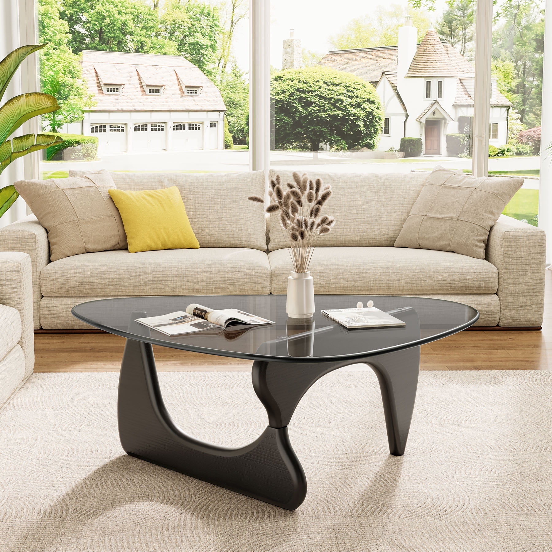 43" Mid Century Glass Coffee Table with Wood Base for Living Room Bedroom Office, Black + Grey Glass