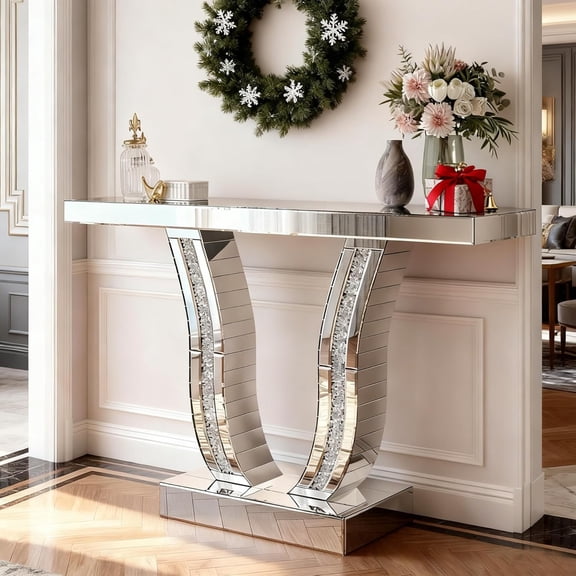 43" Mirrored Console Table with Curved Stone-Inlaid Legs, Modern Entryway Sofa Table for Living Room, Hallway & Foyer, Glam Accent Furniture (Silver
