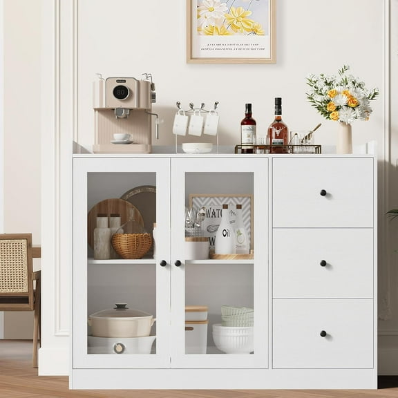 43" Modern Buffet Cabinet with Guardrail & 3 Drawers - Kitchen Storage Sideboard with Adjustable Shelves for Dining Room