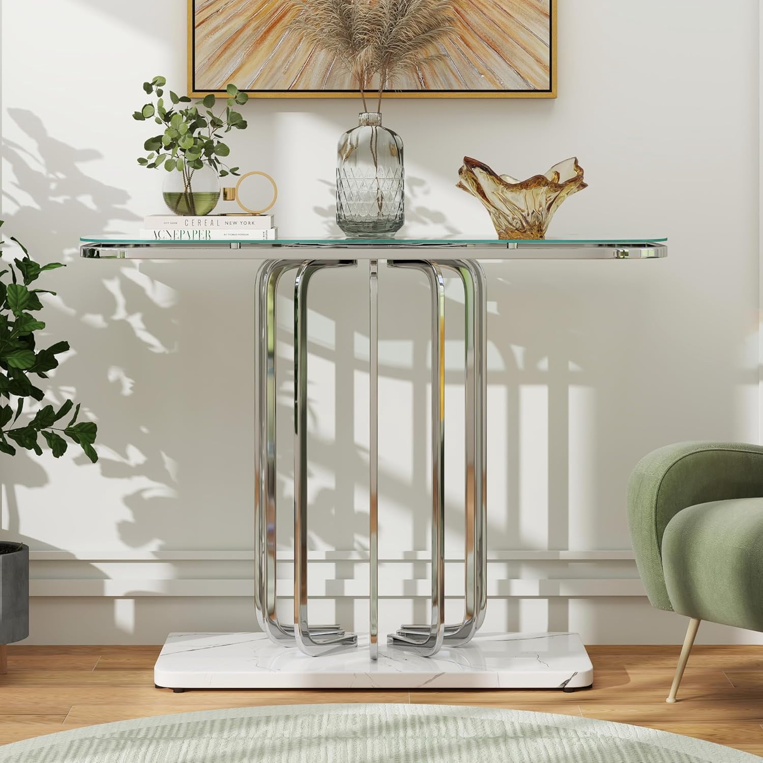 43" Modern Glass Console Table with Curved Chrome Frame & Faux Marble ...